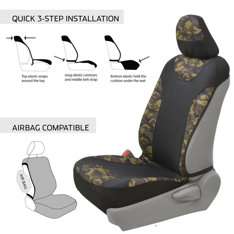 BDK Waterproof Camo Seat Covers for Car Truck Van SUV, 2 Pack â€“ Two-Tone Black & Camouflage, Durable Neoprene Seat Protectors, Sideless Design Compatible with Armrests and Airbags - Image 4